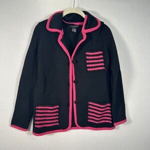 A. Giannetti Womens 100% Wool Cardigan Sweater Black Striped Pockets Size S